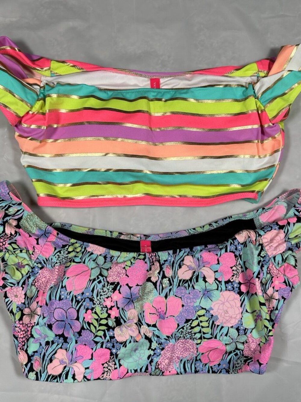 Victorias Secret LOT OF 2 EUC Swim Bikini Top Floral Striped Colorful Gold
